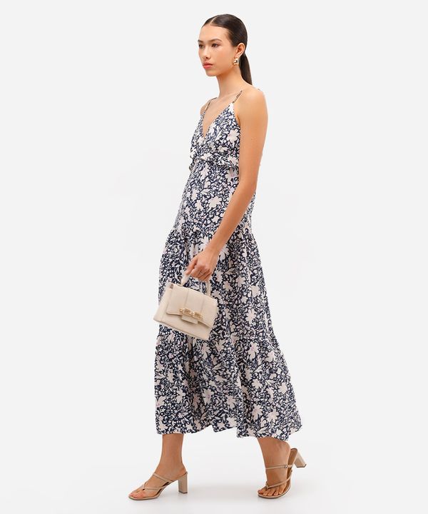 vestido midi feminino de viscose alça fina com babado floral azul P