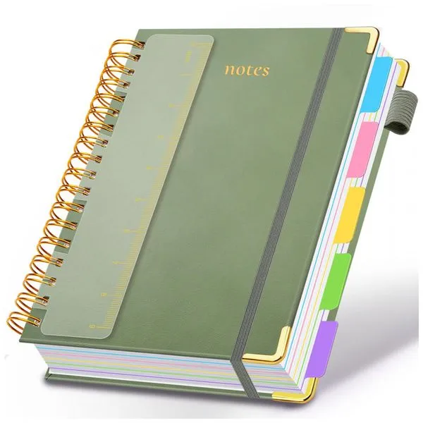 Caderno universitário espiral capa dura GDGDSY B5 8x10, 5 matérias, 300 páginas pautadas, divisórias removíveis, capa couro sintético verde sálvia