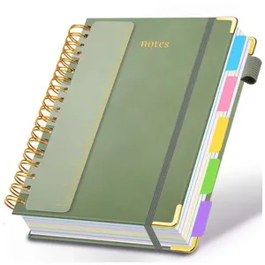 Caderno universitário espiral capa dura GDGDSY B5 8x10, 5 matérias, 300 páginas pautadas, divisórias removíveis, capa couro sintético verde sálvia