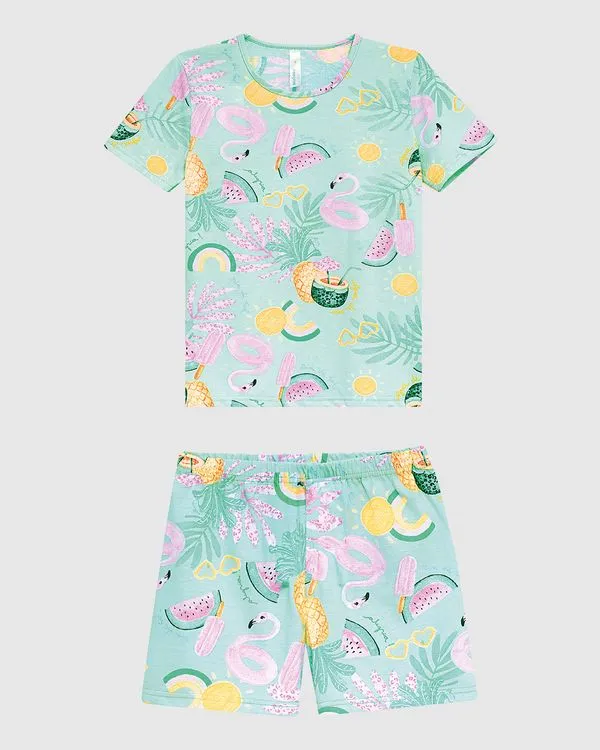 Pijama Infantil Menina Estampado Camiseta Manga Curta Em Algodão Malwee Kids Azul - 14