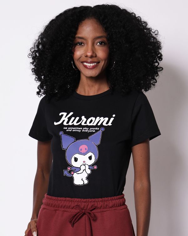 Camiseta Feminina Algodão Kuromi Manga Curta Preta GG