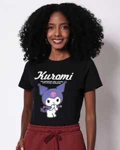 Camiseta Feminina Algodão Kuromi Manga Curta Preta GG