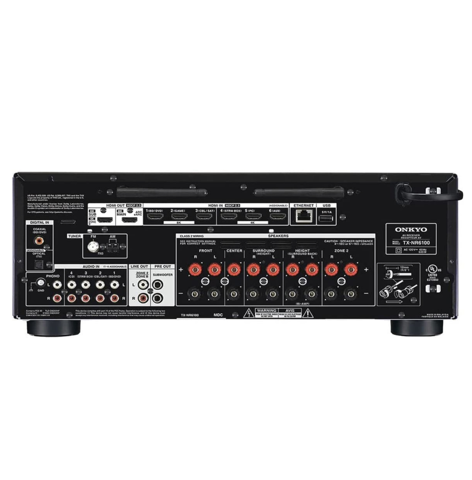 Onkyo TX-NR6100 Receiver 7.2CH Dolby Atmos THX HDMI 2.1 COM 8K e Zona 2 -120v