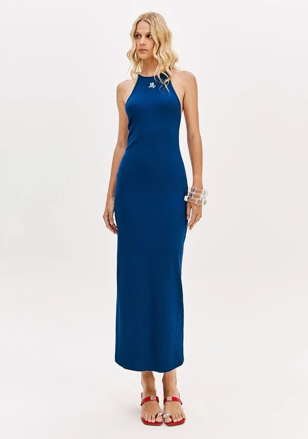 Vestido Super Midi Sem Mangas Com Fenda Azul Marinho G