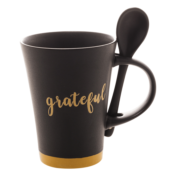 Caneca em Cerâmica com Colher Grateful, 310ml, Preto Com Amarelo - 28531