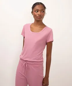 camiseta de pijama manga curta canelado com renda rosa P