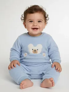 Macacão Bordado Urso Infantil Para Bebê - AZUL M