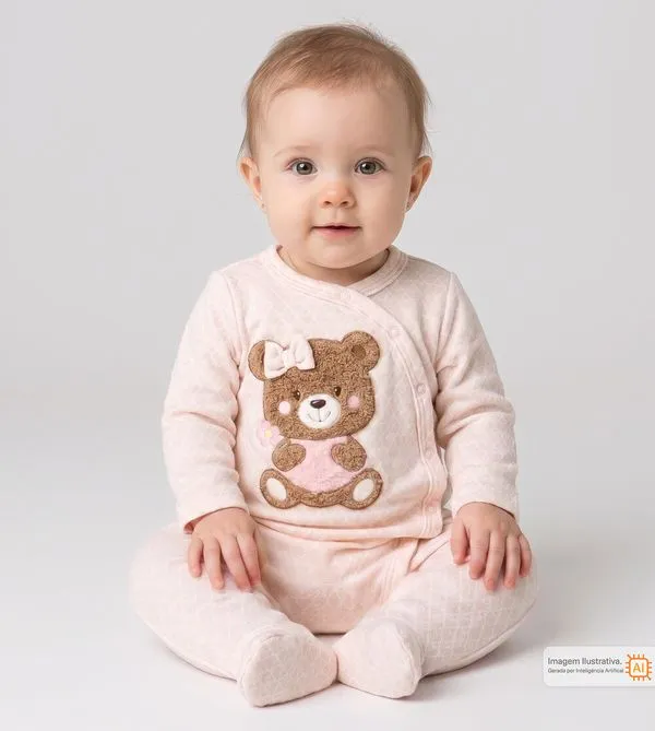 Macacão Plush Ursa Corações Rosa - G