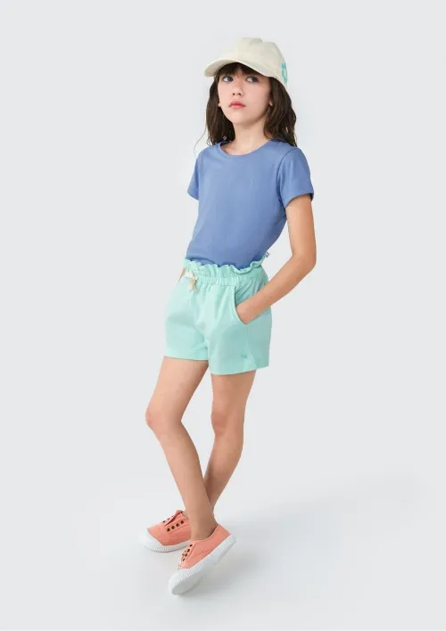 Blusa Básica Infantil Menina Manga Curta Slim Com Bordado Coração - Azul 008