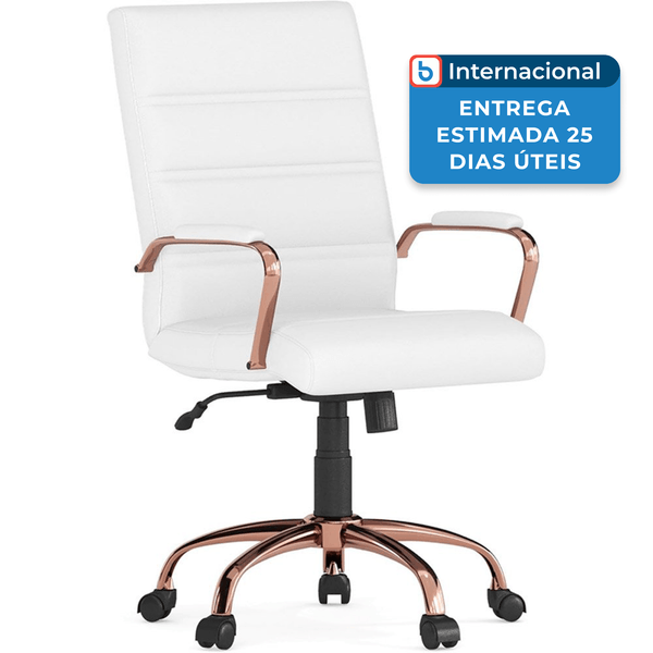 Cadeira De Escritório De Couro Com Encosto Médio Flash Branco Rose Dourado A-MBI