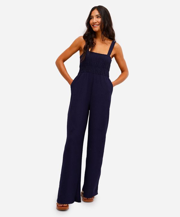macacão feminino com lastex texturizado azul G