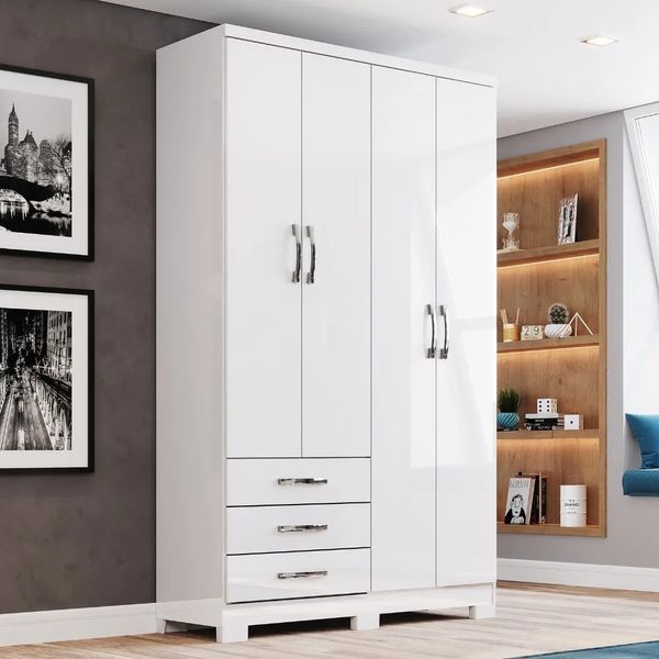 Guarda-Roupa Solteiro Henn Caju 4 Portas 3 Gavetas com Cabideiro e Prateleiras | Branco