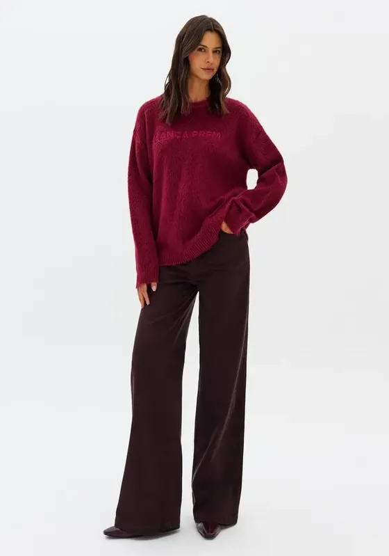 Calça Sarja Wide Leg Cintura Média Marrom 32
