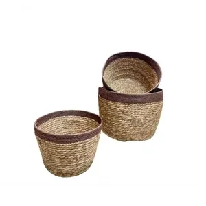Jogo Com 3 Cestos Em Palha Com Borda Marrom 26cm-22cm-20cm 118242 - Lilian