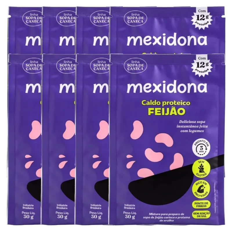 Sopa de Caneca Proteica de Feijão Sem Glúten, Vegana Mexidona contendo 8 porções de 30g cada