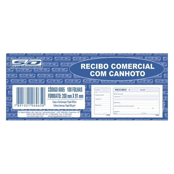 Bloco Recibo Comercial com Canhoto 100 Folhas - São Domingos