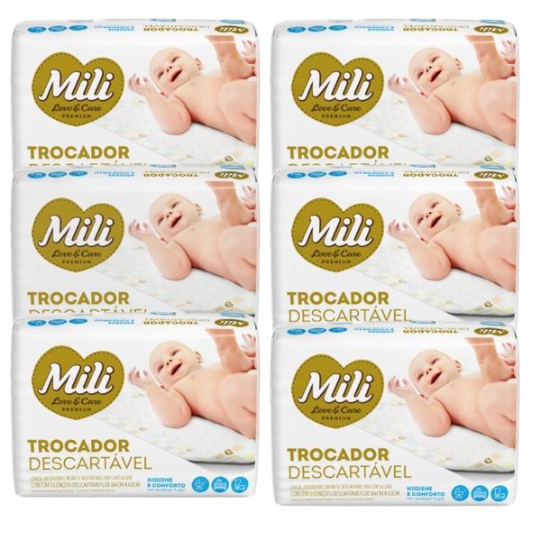 Trocador Descartável  Lençol Absorvente Mili Love & Care  6 Pacotes c/ 5 ( Total 30 lençóis)