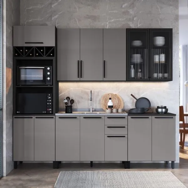 Cozinha Modulada Completa Fidelitá Mônaco 5 Peças 270cm 13 Portas 2 Gavetas Sem Tampo Chumbo/titânio