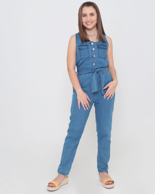 Macacão Jeans Juvenil Com Faixa Denim Azul 14