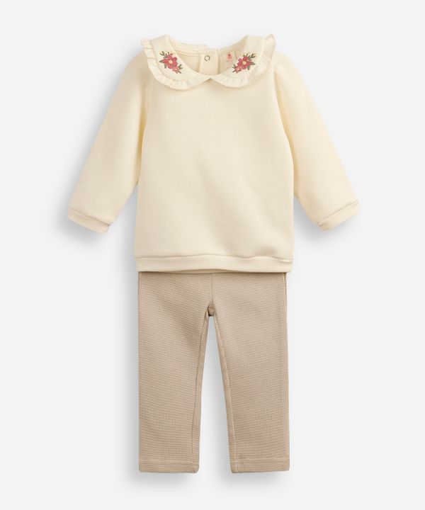 conjunto longo infantil gola peter pan floral off white 3-6