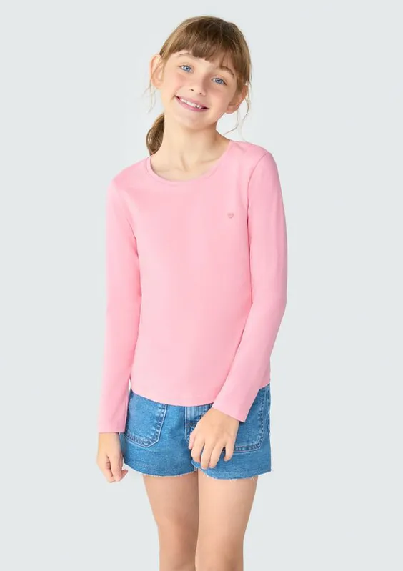 Blusa Básica Infantil Menina Manga Longa Com Patch Hering Kids - Rosa 012