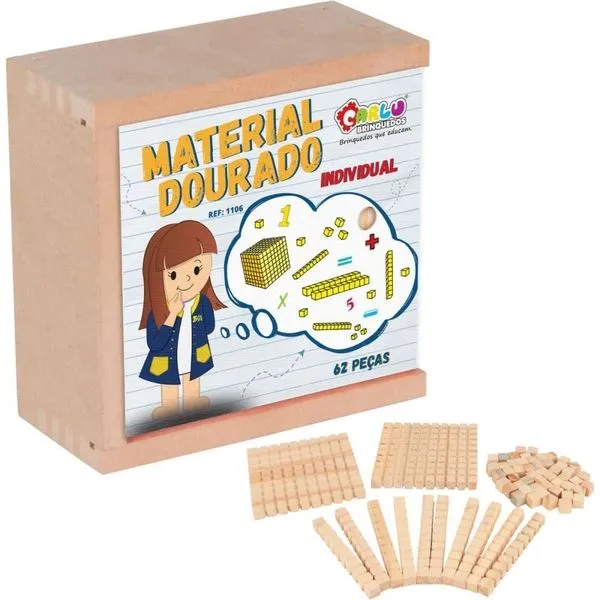 Material Pedagógico em Madeira 62 Peças para Ensino de Matemática Dourado Carlu Brinquedos Material Pedagógico Madeira 62 Peças Ensino Matemática Dourado Carlu