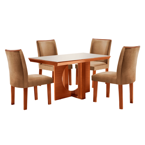 Mesa de Jantar 4 Cadeiras com Tecido Suede, em MDF, 135x90cm - Frisa Castanho / Off White