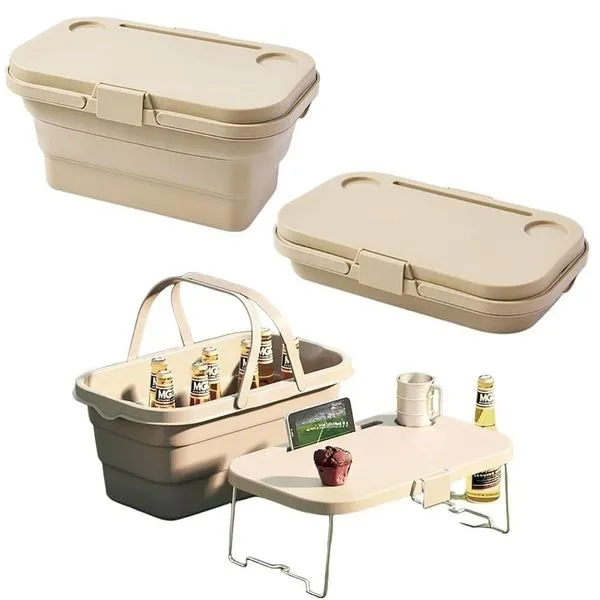 Cesta de Piquenique Dobrável Expansível para Camping Balde de Gelo Organizador de Porta Malas e Mesa para Notebook Cesta de Piquenique Dobrável Expansível para Camping e Praia com Balde de Gelo e Organizador
