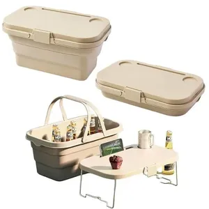 Cesta de Piquenique Dobrável Expansível para Camping Balde de Gelo Organizador de Porta Malas e Mesa para Notebook Cesta de Piquenique Dobrável Expansível para Camping e Praia com Balde de Gelo e Organizador