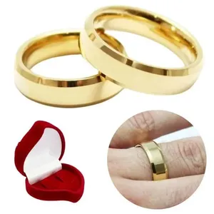 Par Aliança Ouro 18k Banhada Chanfrada 6mm Aço Inoxidável Tamanho:17-18