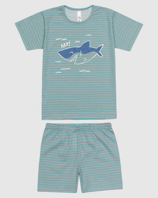 Pijama Infantil Menino Camiseta Estampa Tubarão Em Algodão Malwee Kids Verde - 6