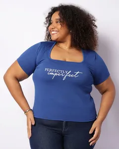 Blusa Plus Size Feminina Manga Curta Estampa Frontal Azul G1