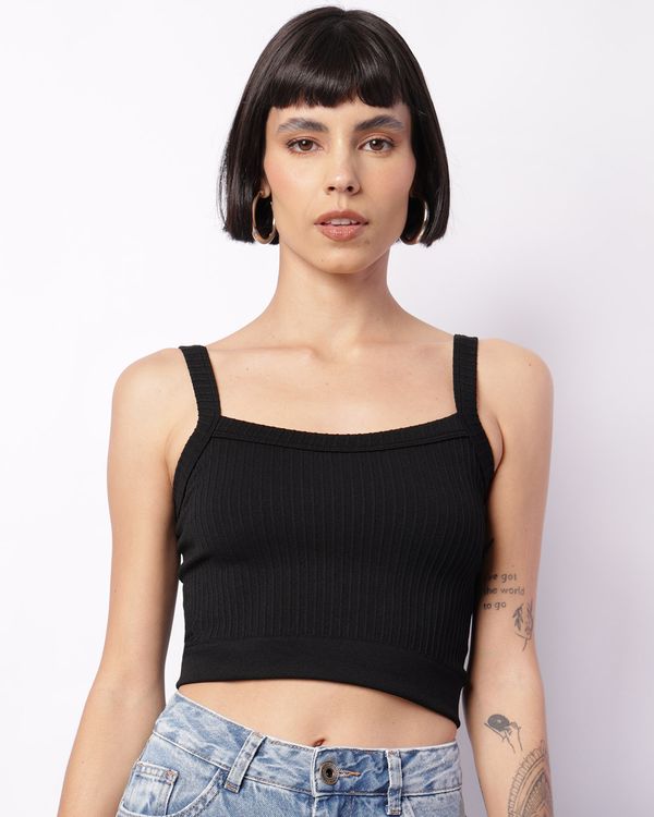 Regata Feminina Cropped Canelada Sem Costura Preta M