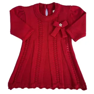 Vestido de Tricô Helena Com Laço e Bordado Vermelho G