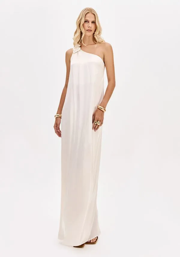 Vestido Longo Acetinado Ombro Único Com Aviamento Bege P