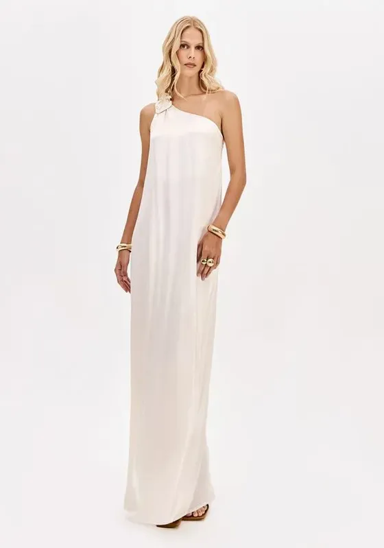 Vestido Longo Acetinado Ombro Único Com Aviamento Bege P