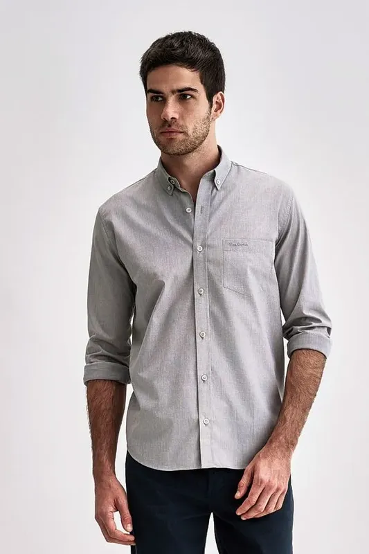 Camisa Clássica Manga Longa Falso Liso - Cinza - 7