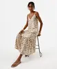 vestido midi de viscose alça fina com recorte animal print bege P