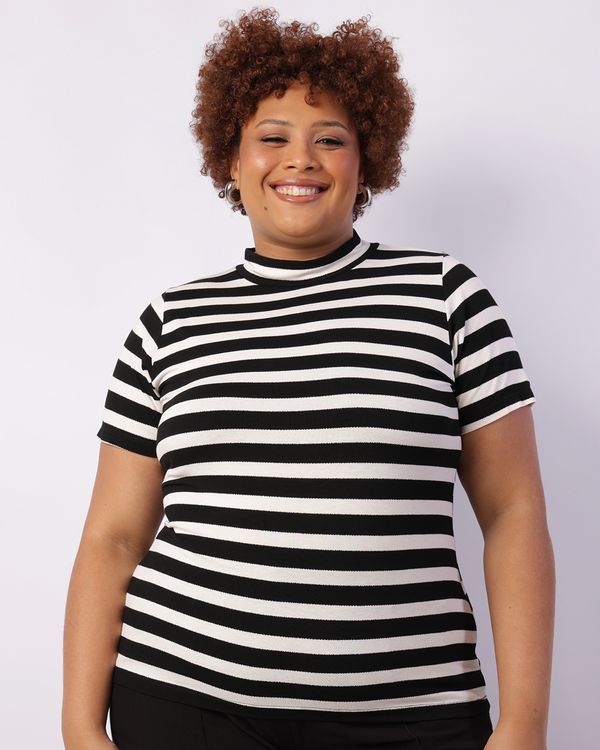 Blusa Plus Size Feminina Gola Alta Listrada Manga Curta Preta G2