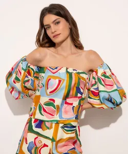 blusa ampla estampada artsy manga bufante ombro a ombro mindset + isabela bueno multicor PP