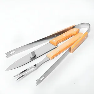 Kit Churrasco Premium 3 Peças em Aço Inox e Madeira