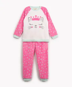 pijama infantil de pelúcia gatinha manga longa rosa 6