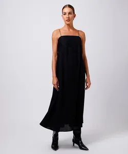vestido midi slip dress com linho e renda mindset preto P