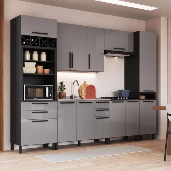 Cozinha Modulada Completa Fidelitá Mônaco 6 Peças 320cm 13 Portas 4 Gavetas Sem Tampo Chumbo/titânio