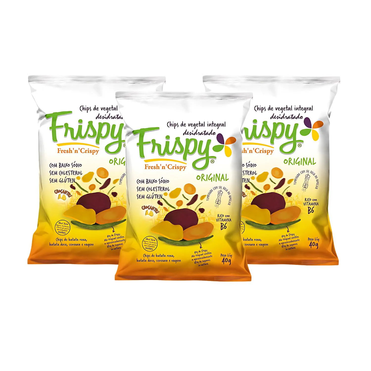 Chips Snack Mix Vegetais Batata Cenoura Vagem Vegano Sem Glúten Frispy 3 Unidades 40g