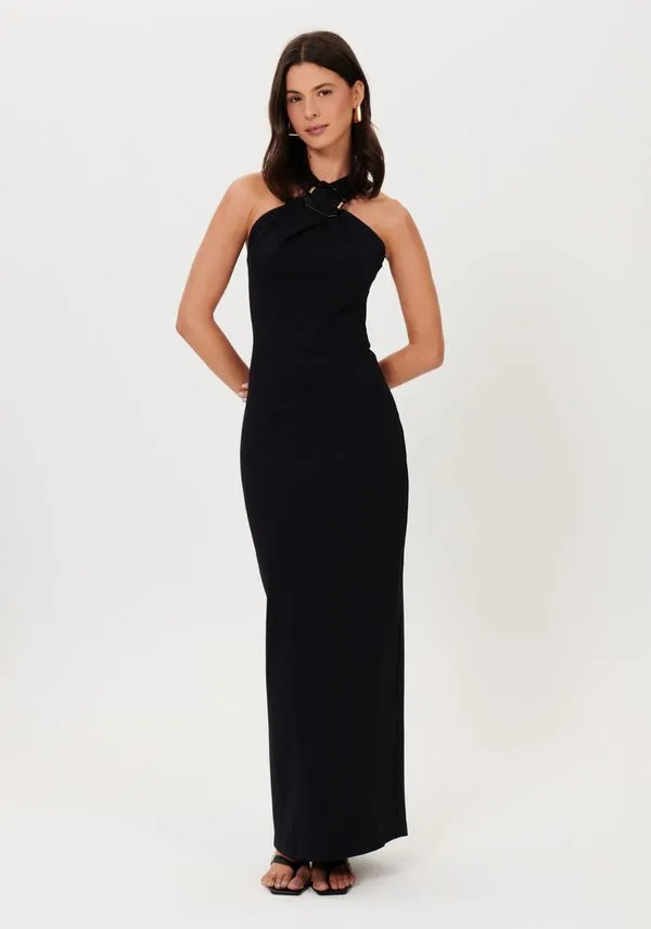 Vestido Super Midi Com Aviamento E Fenda Preto GG