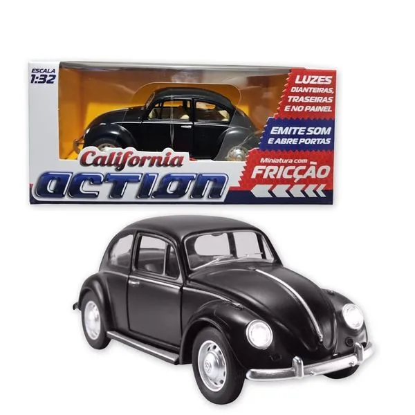 Carro Miniatura Metal Fusca Preto 1967 1:32 Action Som E Luz