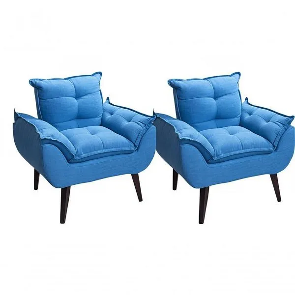 Kit 02 Poltrona Cadeira Decorativa Glamour Com Pés Quadrado Azul Linho