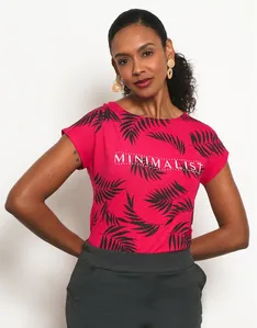 Blusa Feminina Manga Japonesa Estampa Folhagem Com Aplicação de Strass Rosa P