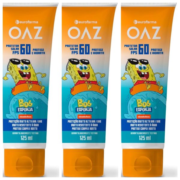 Kit com 3 Unidades de Protetor Solar Infantil Oaz Fps60 Bob Esponja 125Ml